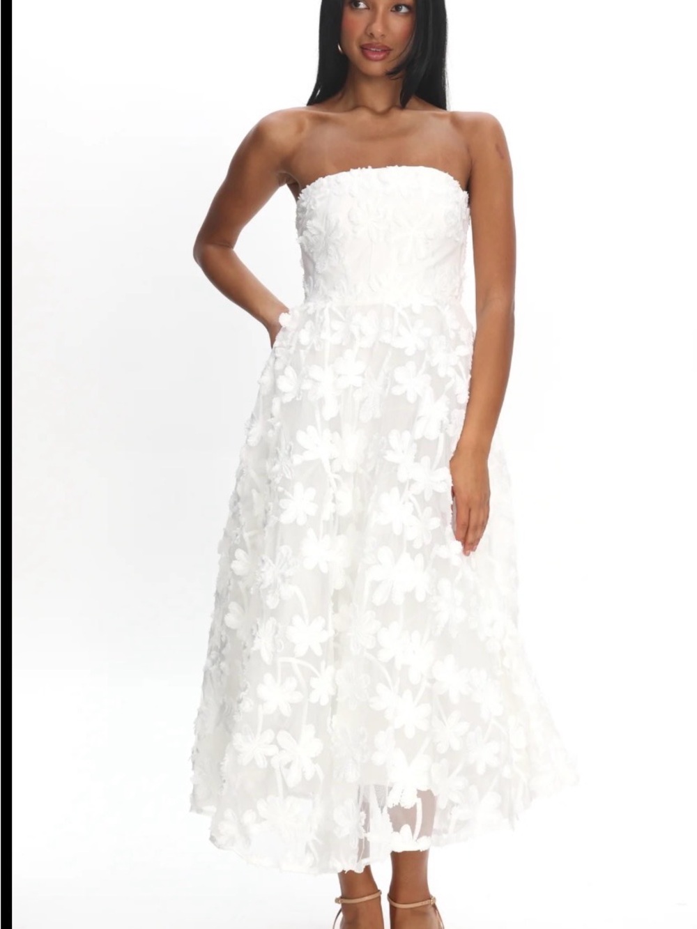 Angel Biba White Strapless Floral Appliqué Midi Dress